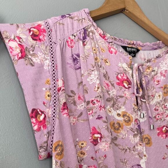 Buffalo David Bitton Top Womens Size Large Pansy Floral Purple Feminine Romantic - Picture 2 of 7